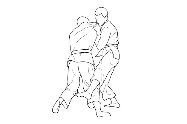 Line drawing of two young sportive judoka fighter Judoist judoka athlete duel fight judo