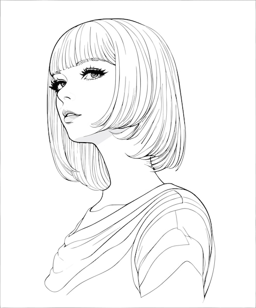 A line drawing of a woman with short hair and a striped shirt