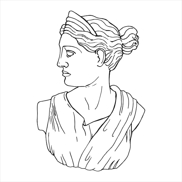 Line drawings of heads of antique statues of goddess and mythical god in engraving style