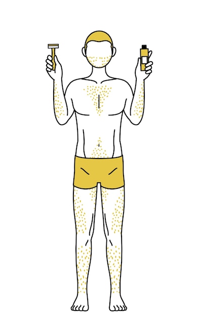 Line drawings of men suffering from thick body hair holding a razor blade and hair removal cream