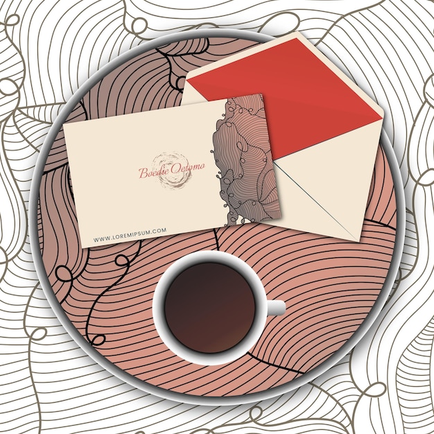 line drawn abstract with a cup of coffee and stationery design