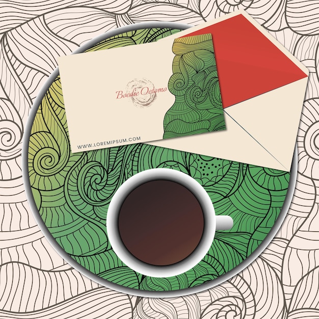 line drawn abstract with a cup of coffee and stationery