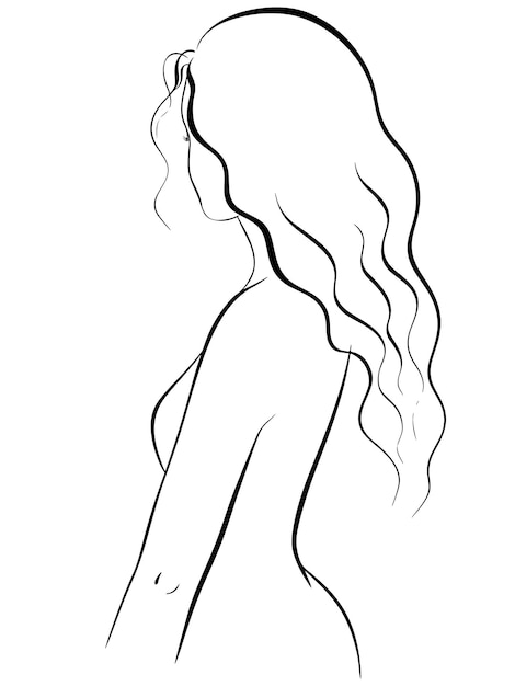 Line fashion illustration with beautiful women. Girl with long hair.