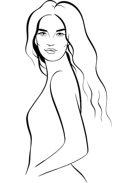 Line fashion illustration with beautiful women. Girl with long hair.