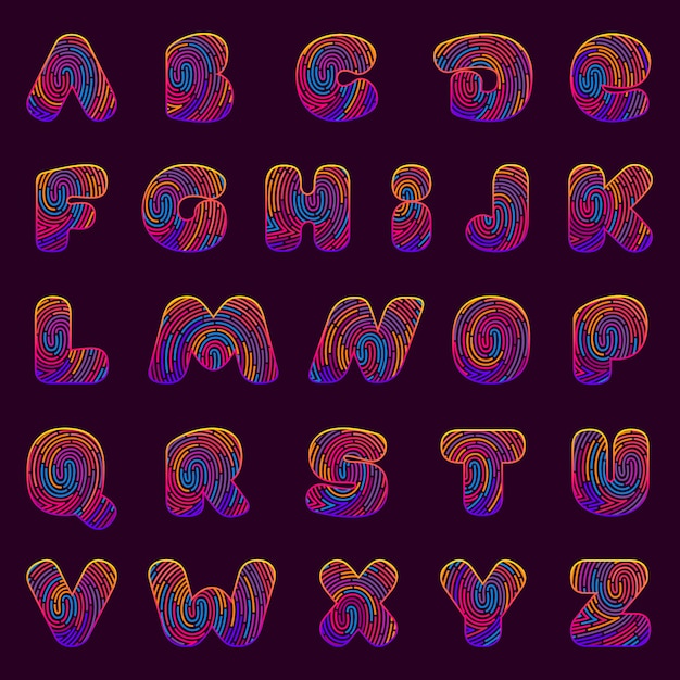 Line fingerprint english alphabet letters set.