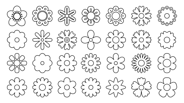ラインの花のシンボル シンプルな幾何学的なデイジーとカモミールの抽象的なシンボル 花のロゴのさまざまな形 ベクトルの細い輪郭の装飾的な要素を設定