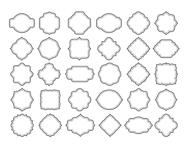 Набор меток рамки линии. винтажные пустые богато украшенные формы значка. ретро белый классический тег, приглашение карты украшения границы векторная коллекция