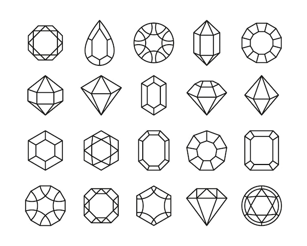 라인 보석 보물 다이아몬드 및 윤곽선 보석 고급 보석 기하학적 기호 얇은 선 로고 디자인 벡터 격리 세트