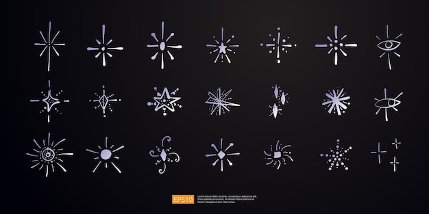 벡터 라인 글리터 별 실루 ⁇  도들 손으로 그린  ⁇ 터 컬렉션 세트 불꽃놀이 반 ⁇ 이는 빛 반 ⁇ 이는 아이콘 장식 플래시 마법  ⁇ 박이는 기호 검은 바탕에 고립되어