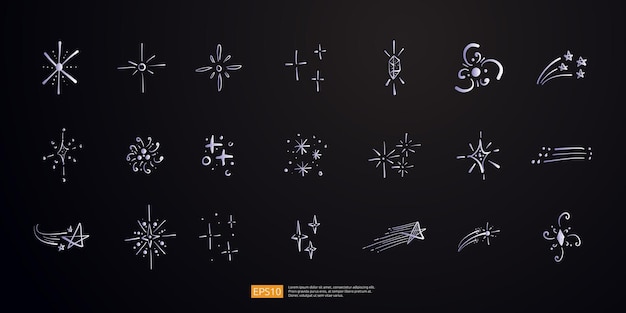 벡터 라인 글리터 별 실루 ⁇  도들 손으로 그린  ⁇ 터 컬렉션 세트 불꽃놀이 반 ⁇ 이는 빛 반 ⁇ 이는 아이콘 장식 플래시 마법  ⁇ 박이는 기호 검은 바탕에 고립되어