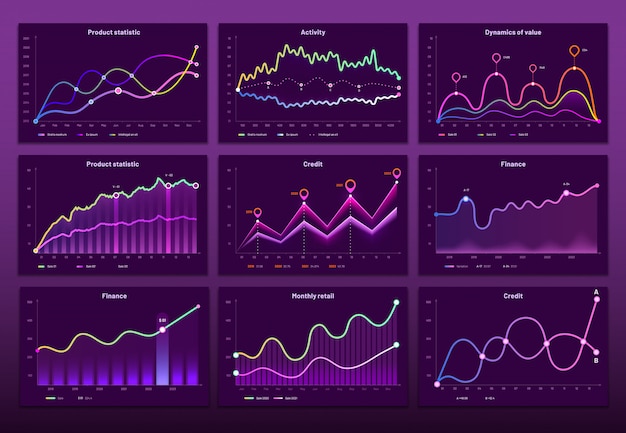 벡터 선 그래프 차트. 사업 재무 그래프, 마케팅 차트 그래픽 및 히스토그램 infographic 세트