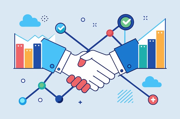 Grafico a linea a forma di stretta di mano che simboleggia un affare winwin