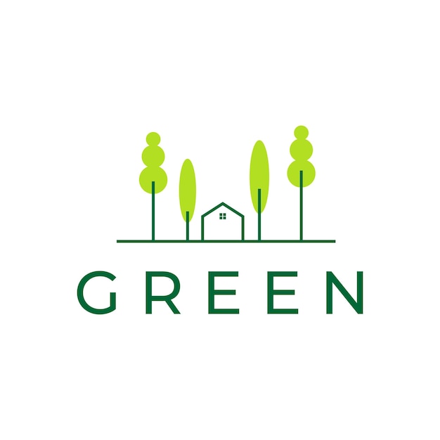 緑の家と公園に木々のロゴデザインベクトルグラフィックシンボルアイコンイラストクリエイティブを並べる