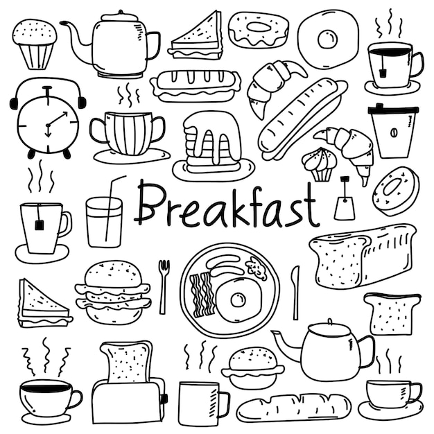 Line Hand Drawn Doodle Vector Breakfast Set