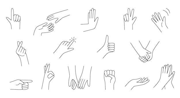Линейные жесты рук устанавливают векторные иконки в милом стиле ручной работы. Идеально подходит для логотипа или смайликов.