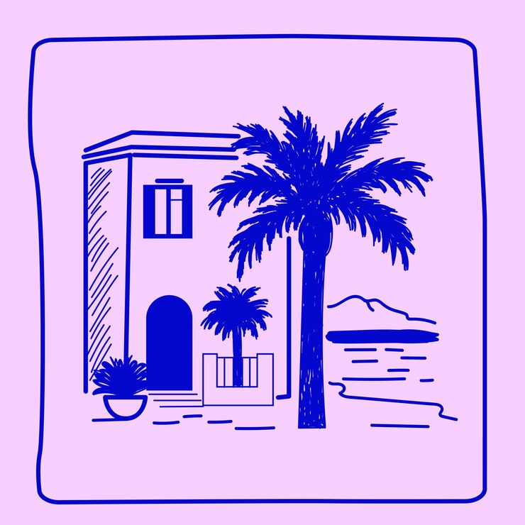 Line House and Palm Tree on Island Illustration Tropical Travel rest Theme Outline Sketch Contour