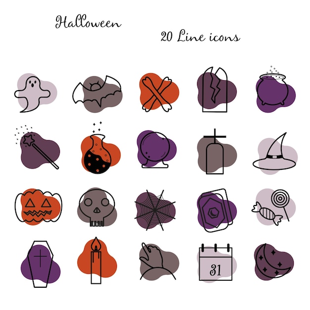 line icons for halloween on a white background with colored spots