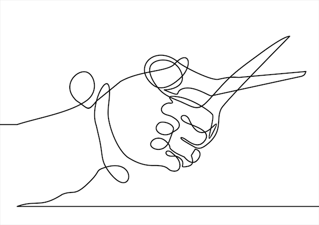 Line illustration of human hand holding scissorscontinuous line