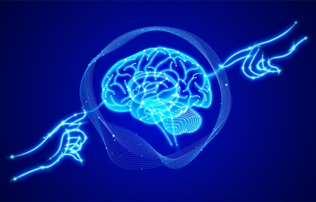 line illustration of two glowing human hands touching a brain with a finger in the center on a dark blue background