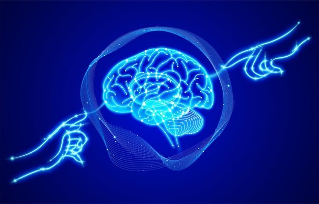 暗い青色の背景に中央の指で脳に触れる 2 つの光る人間の手の線図