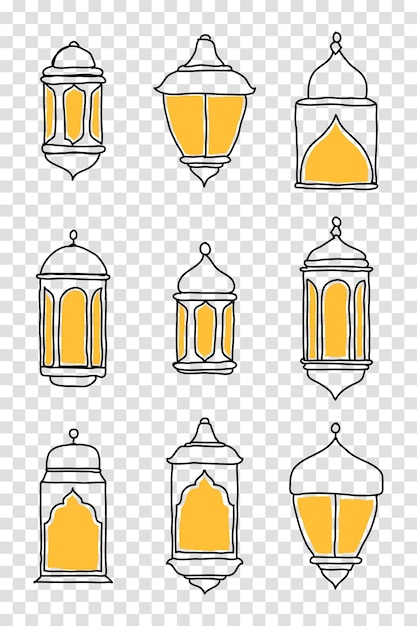 Линия Исламский Арабский Фонарь Символ Коллекция Икон Набор Ручной рисунок фонарей Векторная иллюстрация в стиле каракулей