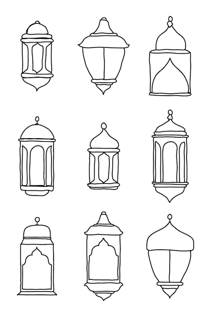 Линия Исламский Арабский Фонарь Символ Коллекция Икон Набор Ручной обращается набор фонарей Вектор