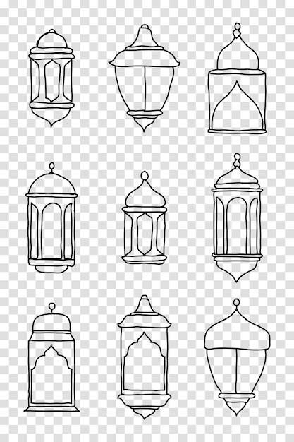 라인 이슬람 아랍어 랜 턴 기호 아이콘 컬렉션 집합 손으로 그린 낙서 스타일의 등불 벡터 일러스트 레이 션 세트