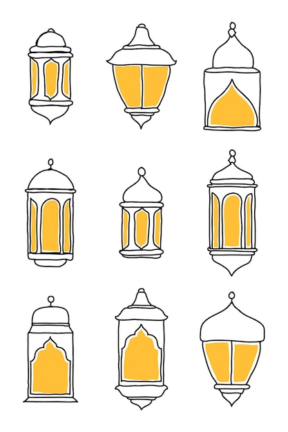 라인 이슬람 아랍어 랜 턴 기호 아이콘 컬렉션 집합 손으로 그린 등불 벡터 세트
