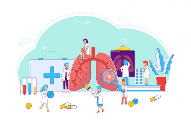 Linea studio e trattamento delle malattie polmonari, illustrazione di concetto. medici e infermieri intorno ai polmoni ingrossati, osservano lo stato degli organi