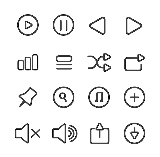 Vector line music icons set linear arrows and mute sound buttons ui and ux desgn for mobile applications and programs software linear flat vector collection isolated on white background