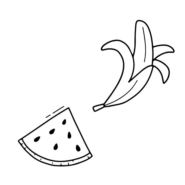 Line piece of watermelon and peeled banana Vector outline doodle illustration of fruits isolated