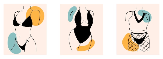 Line portrait of a girl vector drawing set Beautiful naked woman body illustration