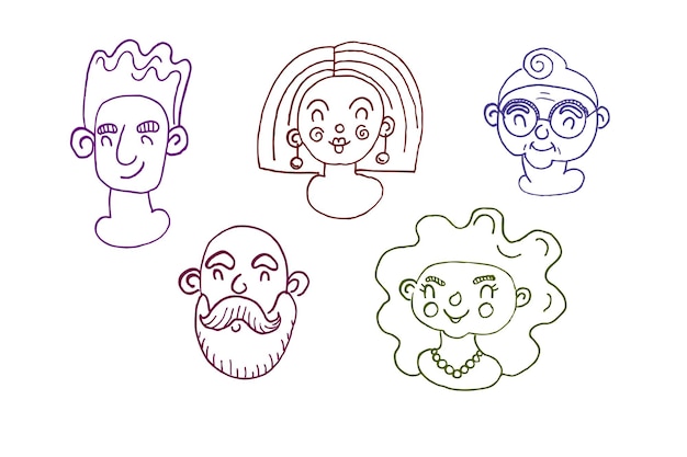 Line portraits of various people such as girl man woman grandfather and grandmother