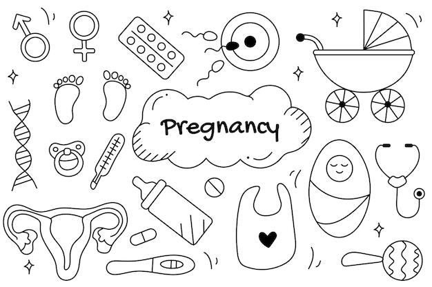 Vector line set pregnancy in cartoon design blackandwhite design set