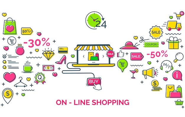 On line shop logo set consisting of shopping basket color style for your fashion store shop etc Vector Illustration