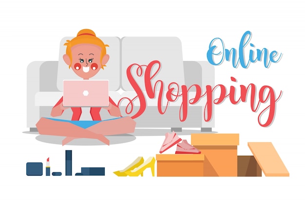 Shopping on line, le donne ordinano prodotti in linea dal sito web, stile piatto in stile cartoon