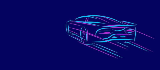 Линейный эскиз иллюстрации спортивного автомобиля bsck, уезжающего на высокой скорости неонового яркого движения