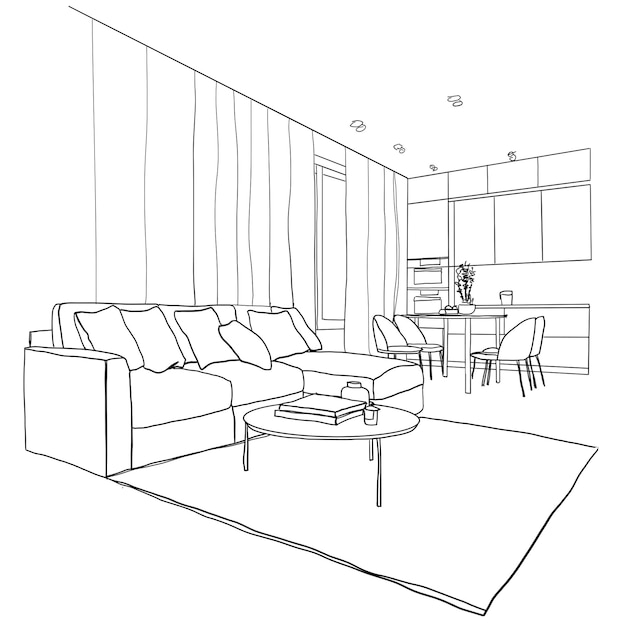 Line sketch of the interior living room