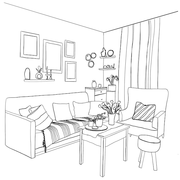 Line sketch of the interior living room