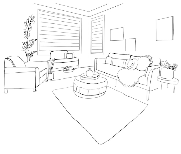 Line sketch of the interior living room