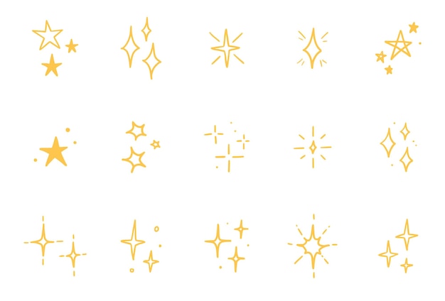 Vector line star glitter shine of doodle set. star shine glow, spark glitter, sparkle light vector illustration. hand drawn sketch doodle style.