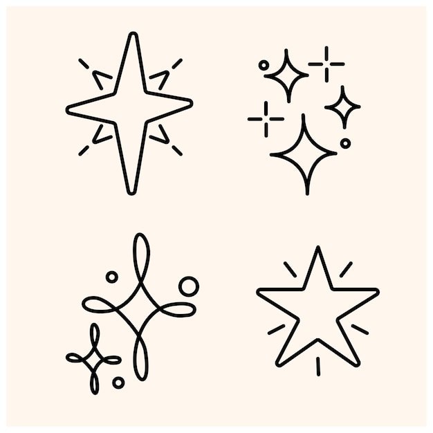 Line star glitter shine of doodle set. Star shine glow, spark glitter, sparkle light vector