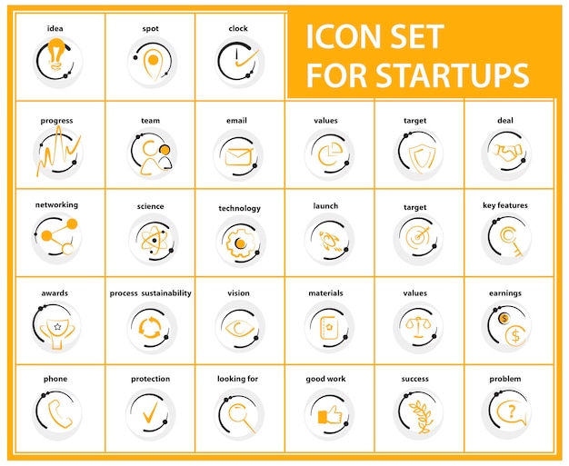 Line Stroke Business Icon Set For Startup Company Black Yellow color theme