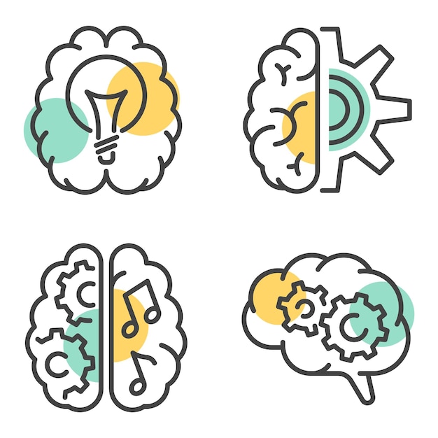 創造性と革新を表すカラフルな要素を持つラインスタイルの脳のイラスト