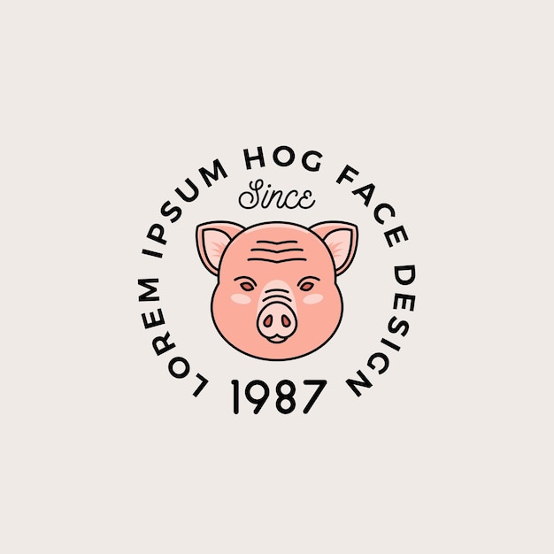 Line Style Hog Face with Retro Typography Abstract Vector Sign Symbol or Logo Template Cartoon Pig Head Silhouette