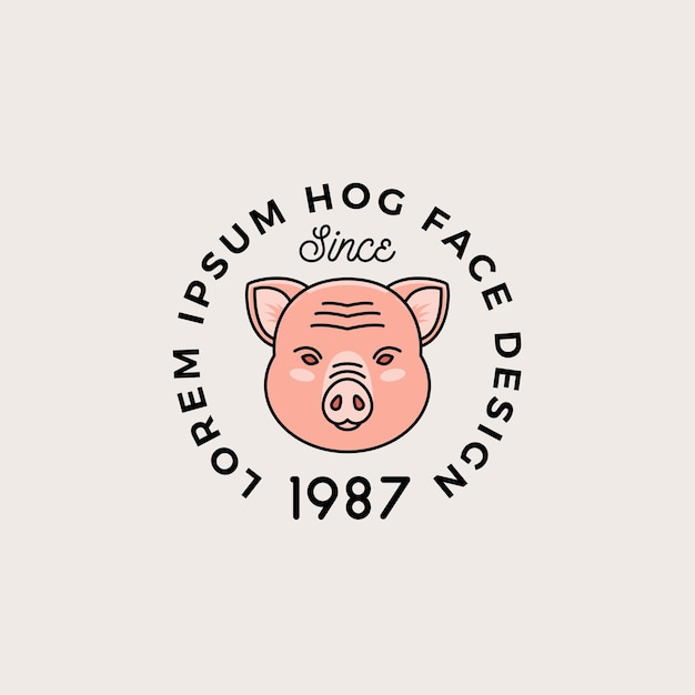 Лицо свиньи в стиле линии с ретро-типографикой абстрактный векторный знак символ или шаблон логотипа мультяшный силуэт головы свиньи