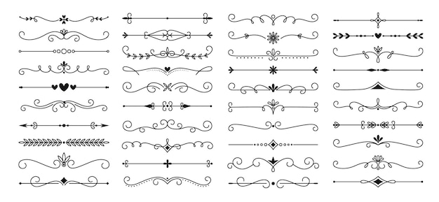 Bordi di testo di linea e cornici delimitatori royal fiorisce elementi tipografici vintage ornati per inviti di lettere set vettoriale filante di divisori calligrafici