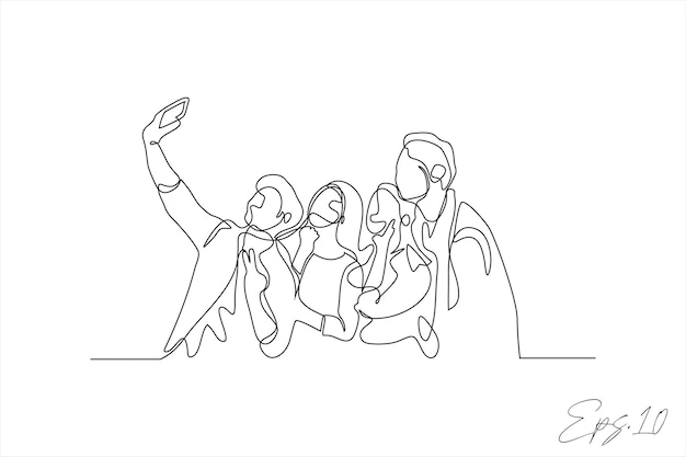 line vector illustration of a group of people taking a selfie