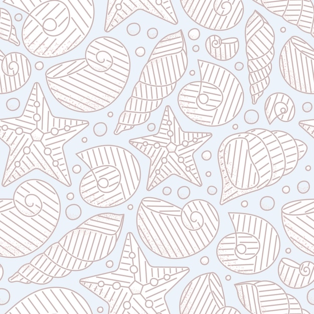 Line vector seamless pattern of line with seashells seastars Sea background for textile package