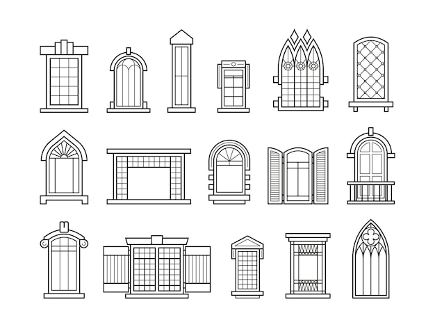 Line vintage windows decorative architectural outline drawing with arches and frames outdoor faced silhouette elements vector retro window set